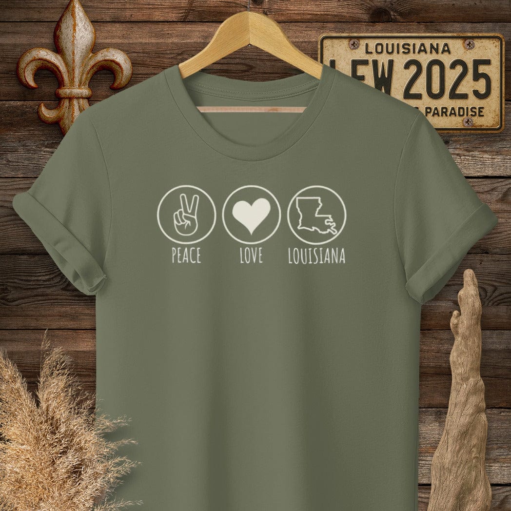 S / Military Green Louisiana Peace, Love, Louisiana T-Shirt by Laissez Faire Wear