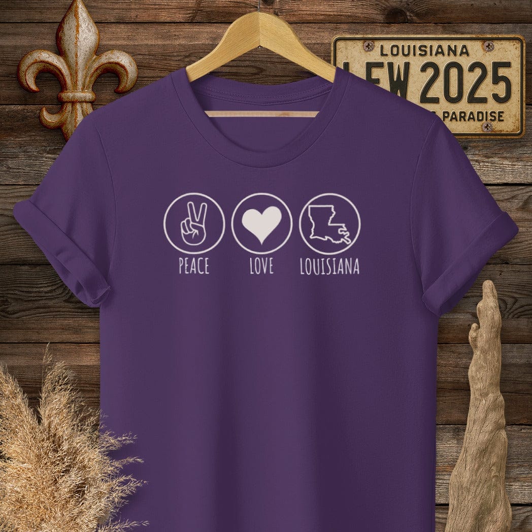 S / Purple Louisiana Peace, Love, Louisiana T-Shirt by Laissez Faire Wear