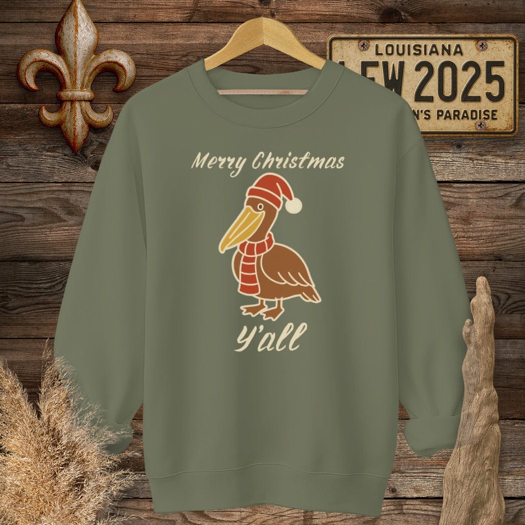 S / Military Green Louisiana Pelican Christmas Sweatshirt by Laissez Faire Wear
