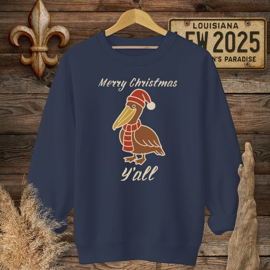 S / Navy Louisiana Pelican Christmas Sweatshirt by Laissez Faire Wear