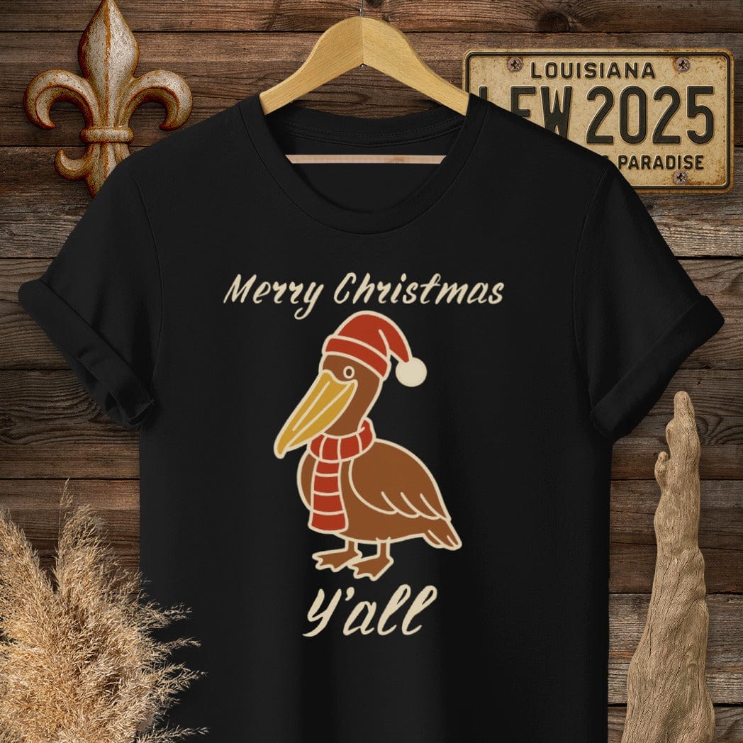 S / Black Louisiana Pelican Christmas T-Shirt by Laissez Faire Wear
