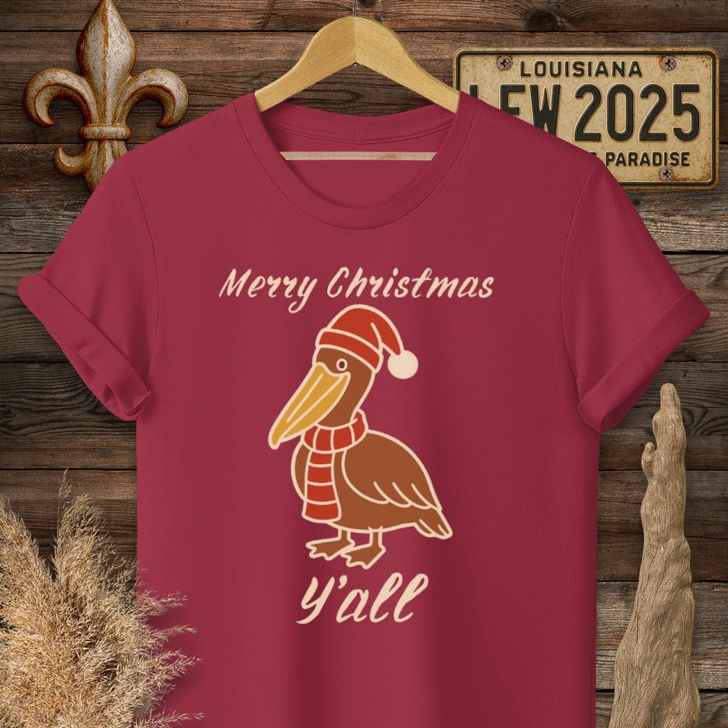 S / Cardinal Red Louisiana Pelican Christmas T-Shirt by Laissez Faire Wear