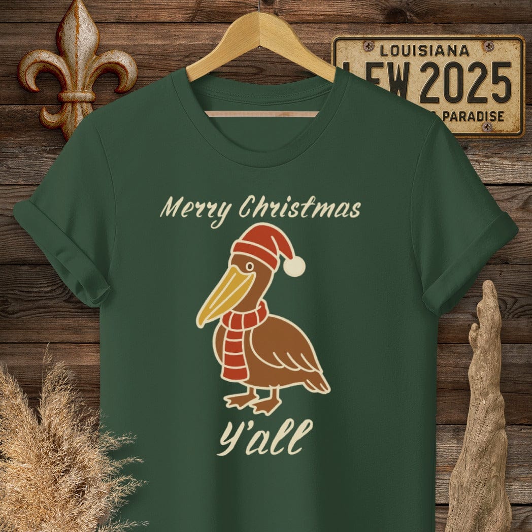 S / Forest Green Louisiana Pelican Christmas T-Shirt by Laissez Faire Wear