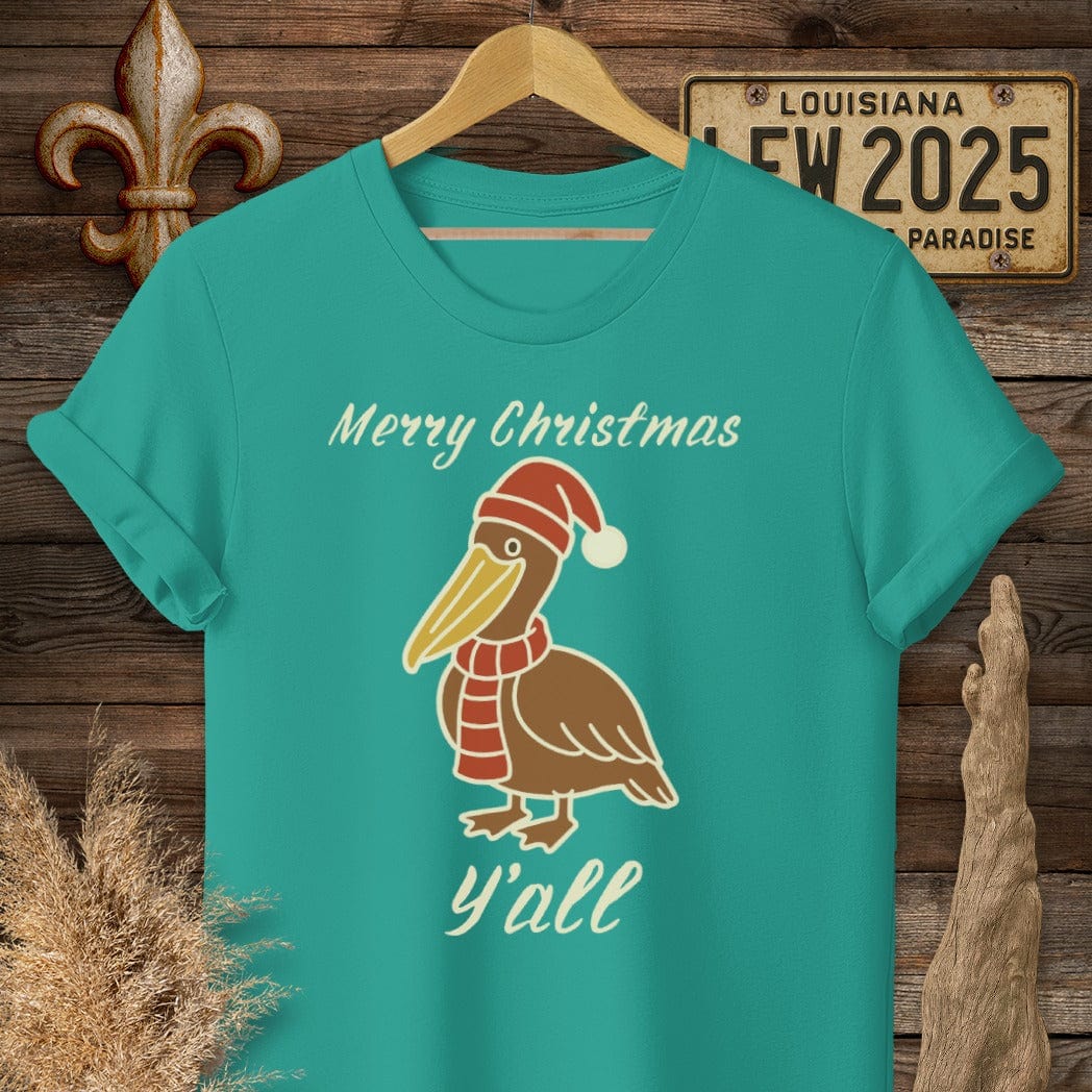 S / Jade Dome Louisiana Pelican Christmas T-Shirt by Laissez Faire Wear