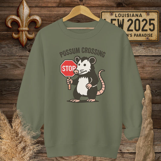 S / Military Green Louisiana Possum Crossing Sweatshirt by Laissez Faire Wear