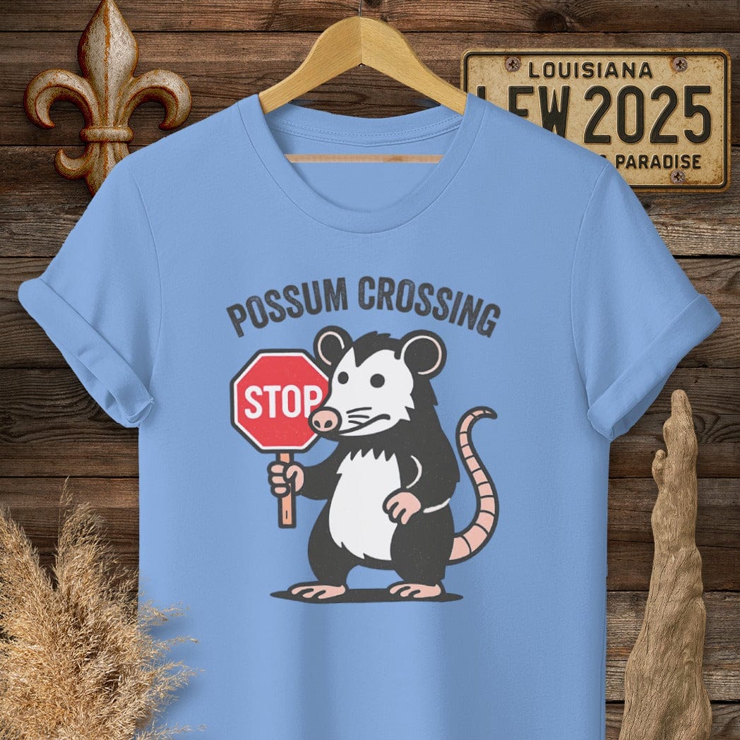S / Carolina Blue Louisiana Possum Crossing T-Shirt by Laissez Faire Wear
