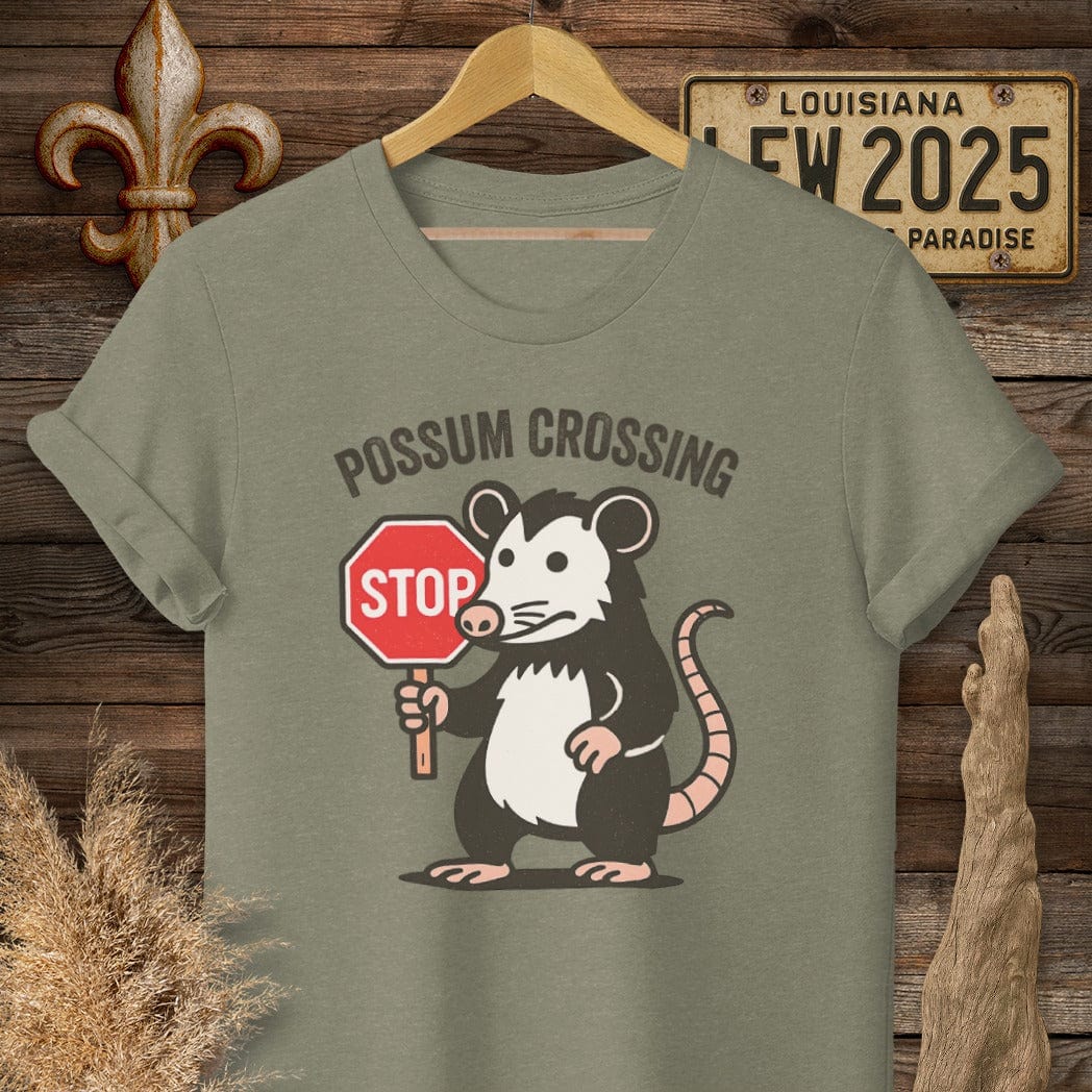 S / Heather Military Green Louisiana Possum Crossing T-Shirt by Laissez Faire Wear