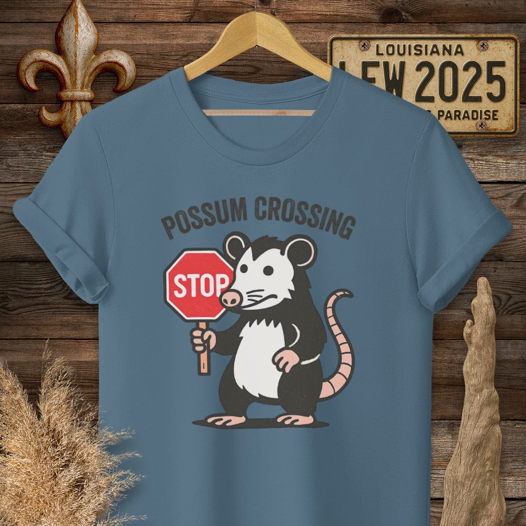 S / Indigo Blue Louisiana Possum Crossing T-Shirt by Laissez Faire Wear