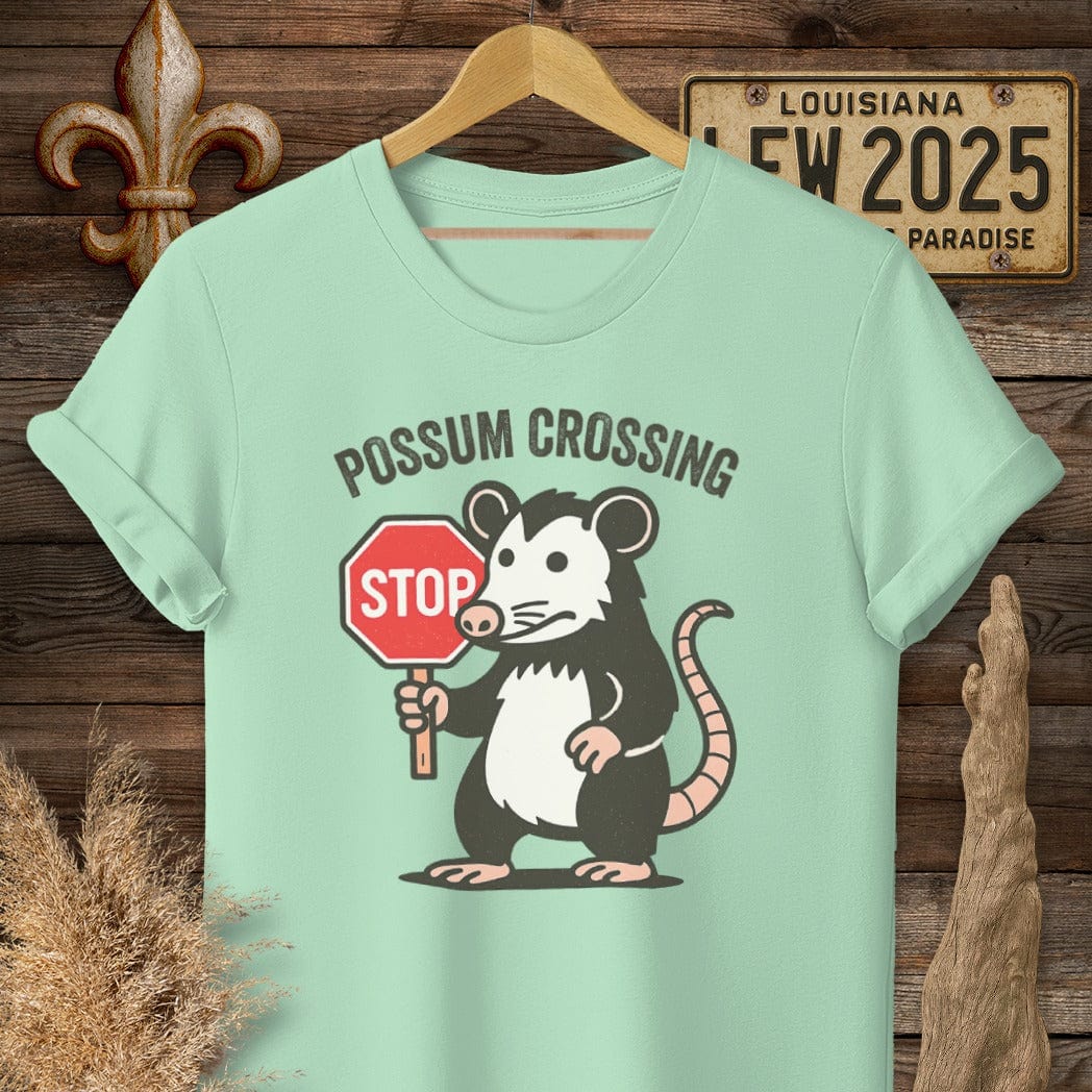 S / Mint Green Louisiana Possum Crossing T-Shirt by Laissez Faire Wear