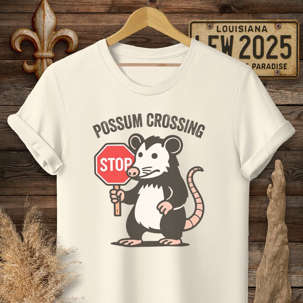 S / Natural Louisiana Possum Crossing T-Shirt by Laissez Faire Wear