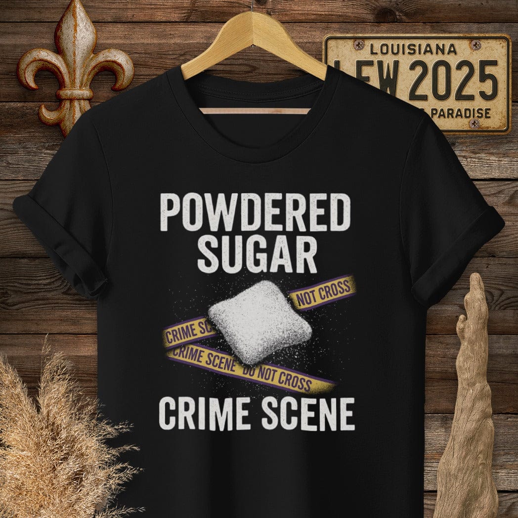 S / Black Louisiana Powered Sugar Crime Scene T-Shirt by Laissez Faire Wear