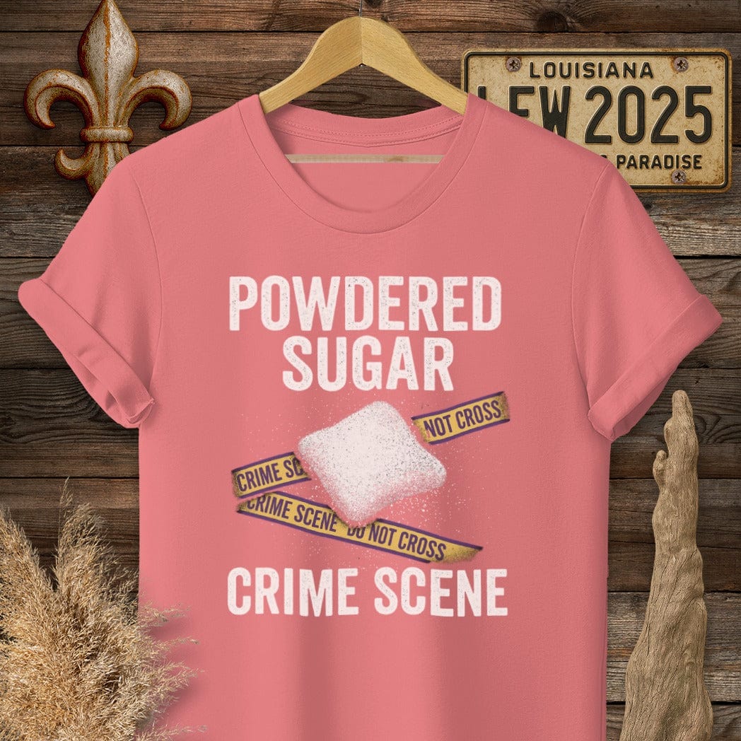 S / Coral Silk Louisiana Powered Sugar Crime Scene T-Shirt by Laissez Faire Wear