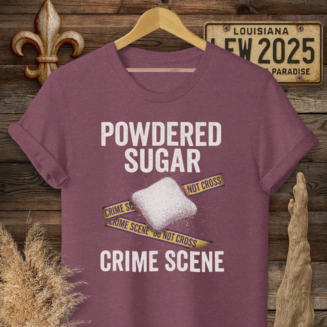 S / Heather Maroon Louisiana Powered Sugar Crime Scene T-Shirt by Laissez Faire Wear