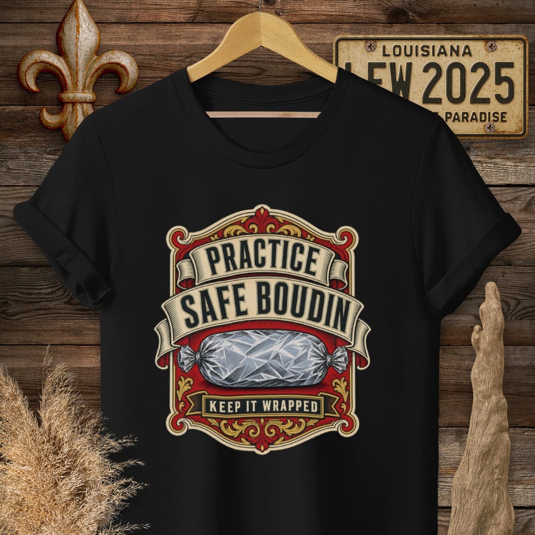 S / Black Louisiana Practice Safe Boudin T-Shirt by Laissez Faire Wear