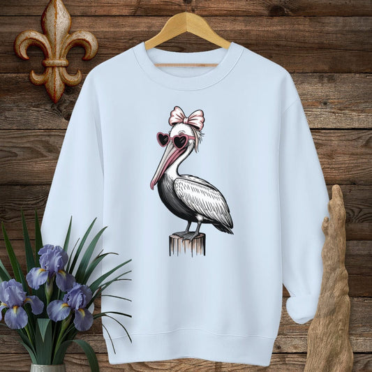 S / Light Blue Louisiana Pretty Pelican in Pink Sweatshirt by Laissez Faire Wear