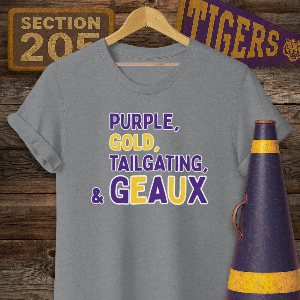 S / Graphite Heather Louisiana Purple Gold Tailgating & Geaux Fan Spirit T-Shirt by Laissez Faire Wear