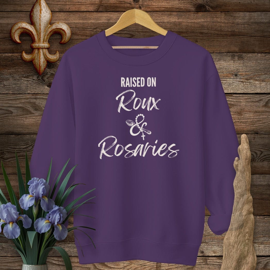 S / Purple Louisiana Raised on Roux & Rosaries Sweatshirt by Laissez Faire Wear