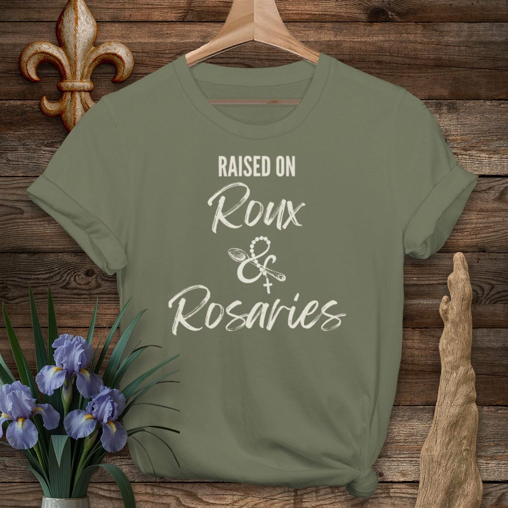 S / Military Green Louisiana Raised on Roux & Rosaries T-Shirt by Laissez Faire Wear