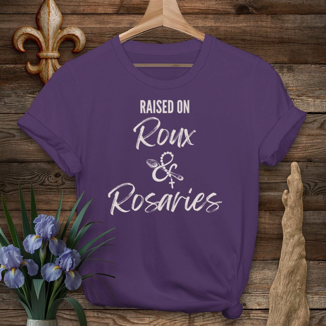 S / Purple Louisiana Raised on Roux & Rosaries T-Shirt by Laissez Faire Wear