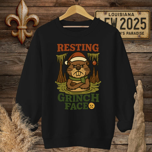 S / Black Louisiana Resting Grinch Face Christmas Sweatshirt by Laissez Faire Wear