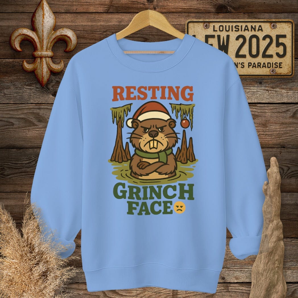 S / Carolina Blue Louisiana Resting Grinch Face Christmas Sweatshirt by Laissez Faire Wear
