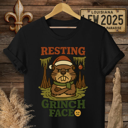 S / Black Louisiana Resting Grinch Face Christmas T-Shirt by Laissez Faire Wear