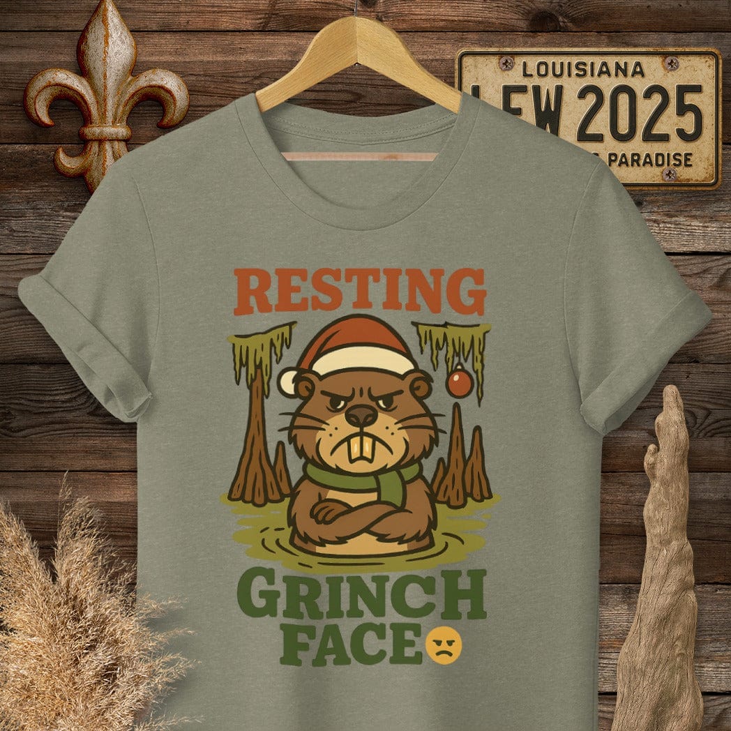 S / Heather Military Green Louisiana Resting Grinch Face Christmas T-Shirt by Laissez Faire Wear