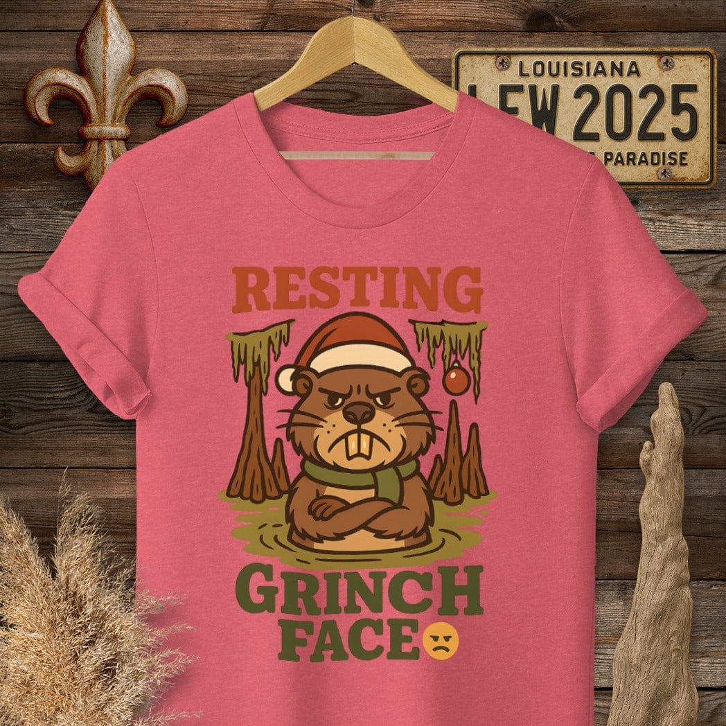 S / Heather Red Louisiana Resting Grinch Face Christmas T-Shirt by Laissez Faire Wear