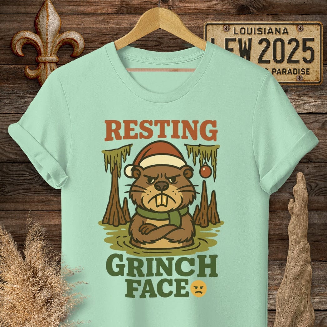 S / Mint Green Louisiana Resting Grinch Face Christmas T-Shirt by Laissez Faire Wear