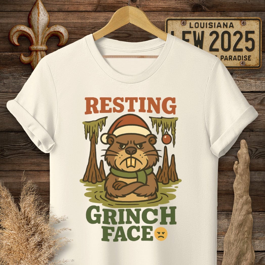 S / Natural Louisiana Resting Grinch Face Christmas T-Shirt by Laissez Faire Wear