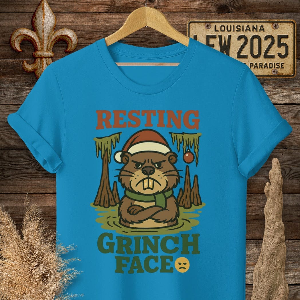 S / Sapphire Louisiana Resting Grinch Face Christmas T-Shirt by Laissez Faire Wear