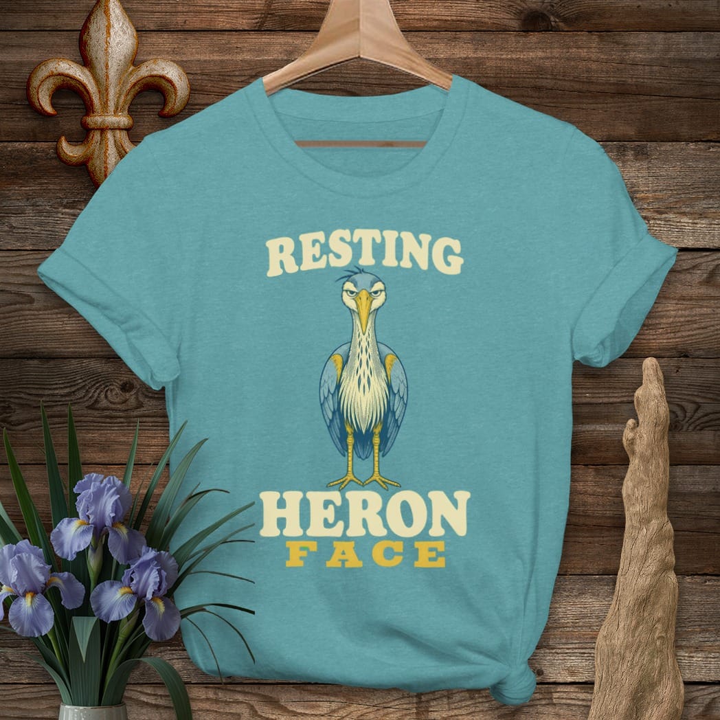 S / Heather Galapagos Blue Louisiana Resting Heron Face T-Shirt by Laissez Faire Wear