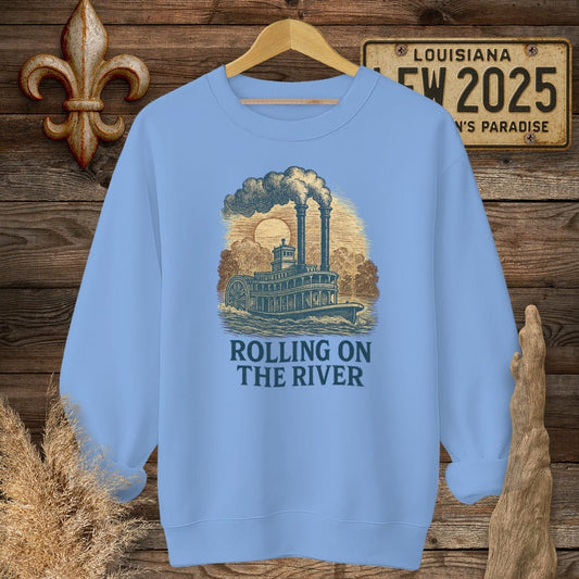 S / Carolina Blue Louisiana Rolling on the River Sweatshirt by Laissez Faire Wear