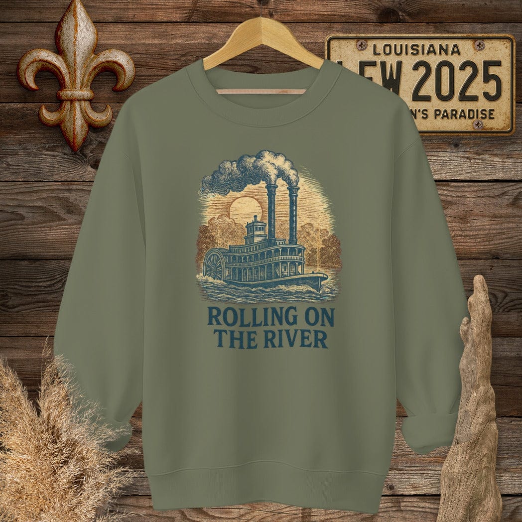 S / Military Green Louisiana Rolling on the River Sweatshirt by Laissez Faire Wear