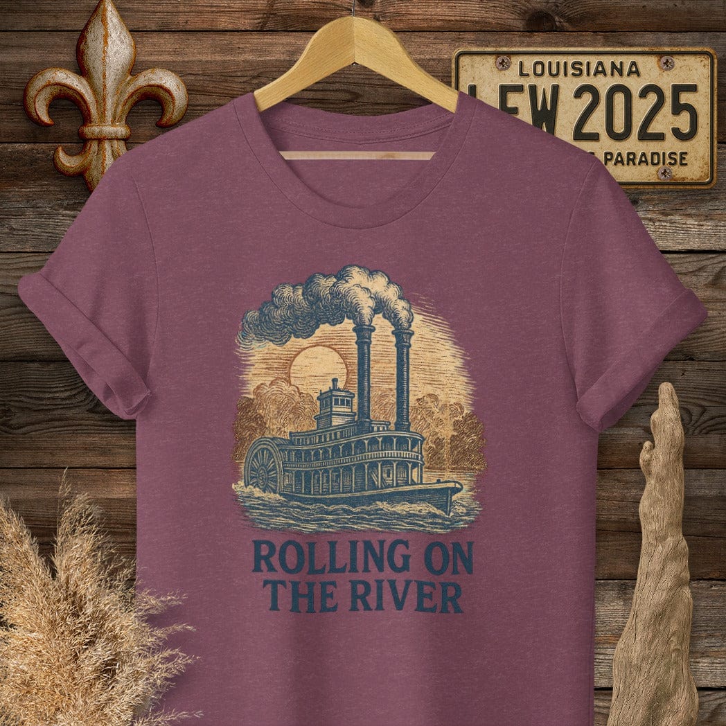 S / Heather Maroon Louisiana Rolling on the River T-Shirt by Laissez Faire Wear