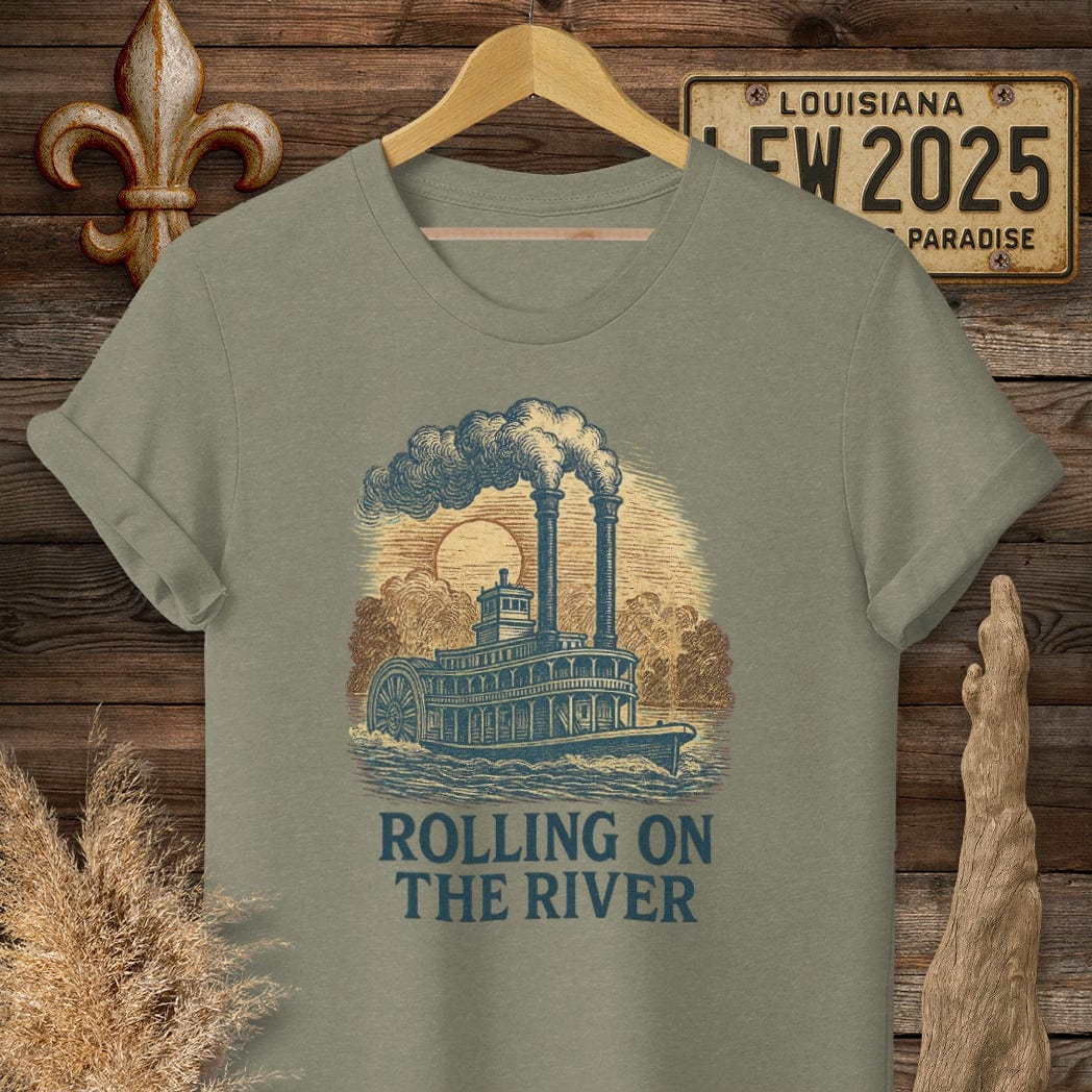 S / Heather Military Green Louisiana Rolling on the River T-Shirt by Laissez Faire Wear