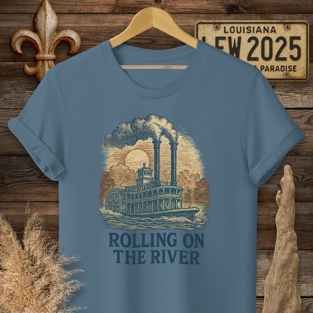 S / Indigo Blue Louisiana Rolling on the River T-Shirt by Laissez Faire Wear
