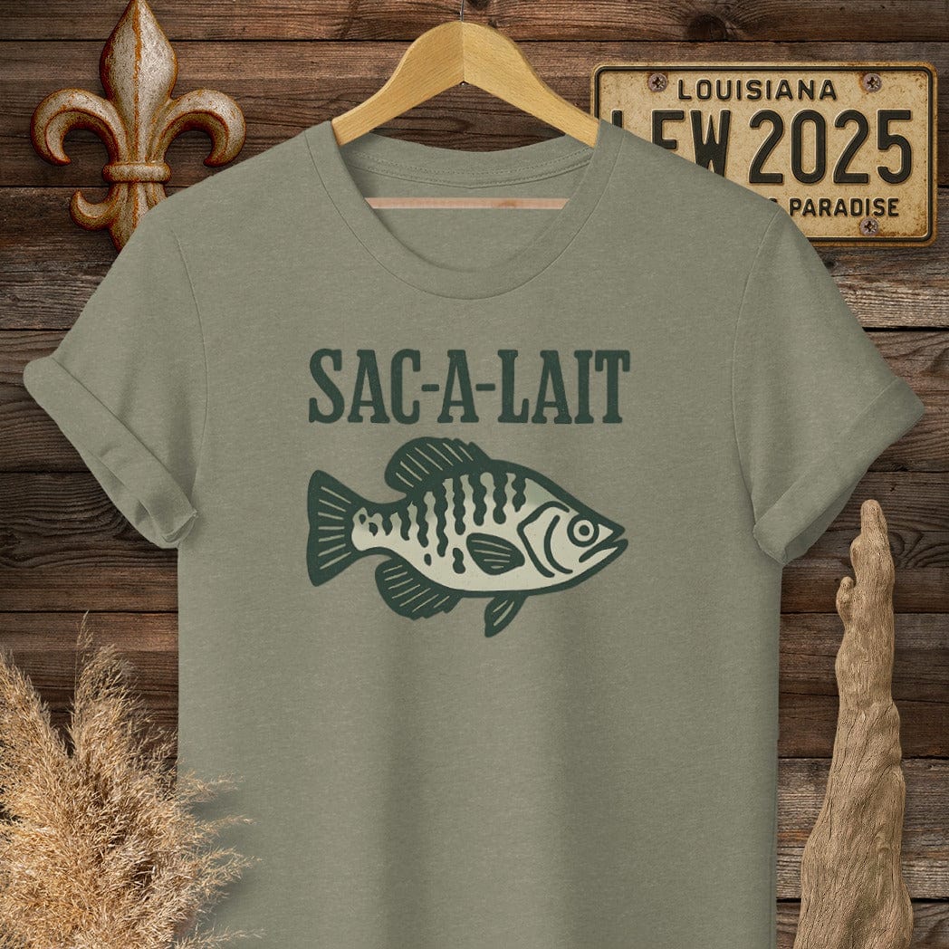 S / Heather Military Green Louisiana Sac-a-Lait Minimalist T-Shirt by Laissez Faire Wear