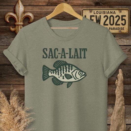 S / Heather Military Green Louisiana Sac-a-Lait Minimalist T-Shirt by Laissez Faire Wear