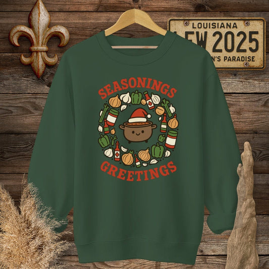S / Forest Green Louisiana Seasonings Greeting Christmas Sweatshirt by Laissez Faire Wear