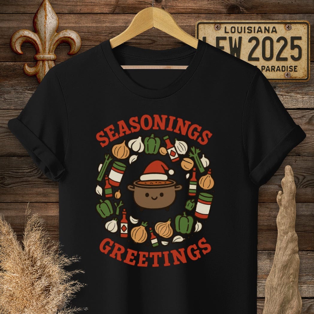 S / Black Louisiana Seasonings Greeting Christmas T-Shirt by Laissez Faire Wear