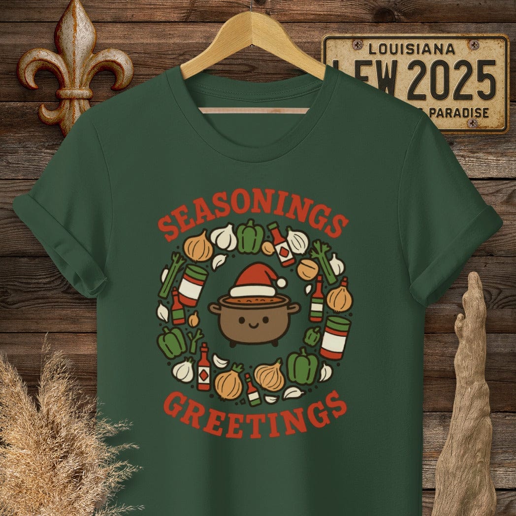 S / Forest Green Louisiana Seasonings Greeting Christmas T-Shirt by Laissez Faire Wear