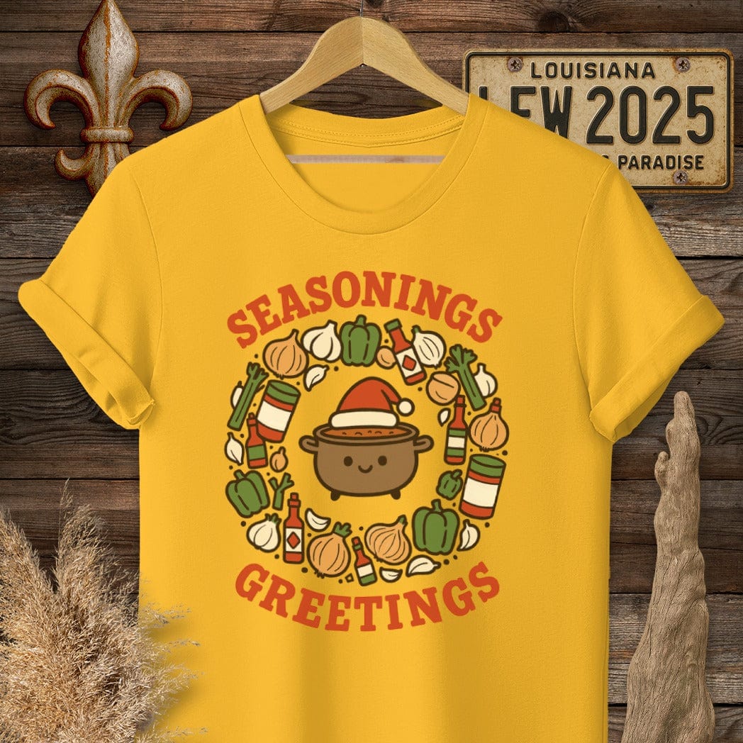 S / Gold Louisiana Seasonings Greeting Christmas T-Shirt by Laissez Faire Wear