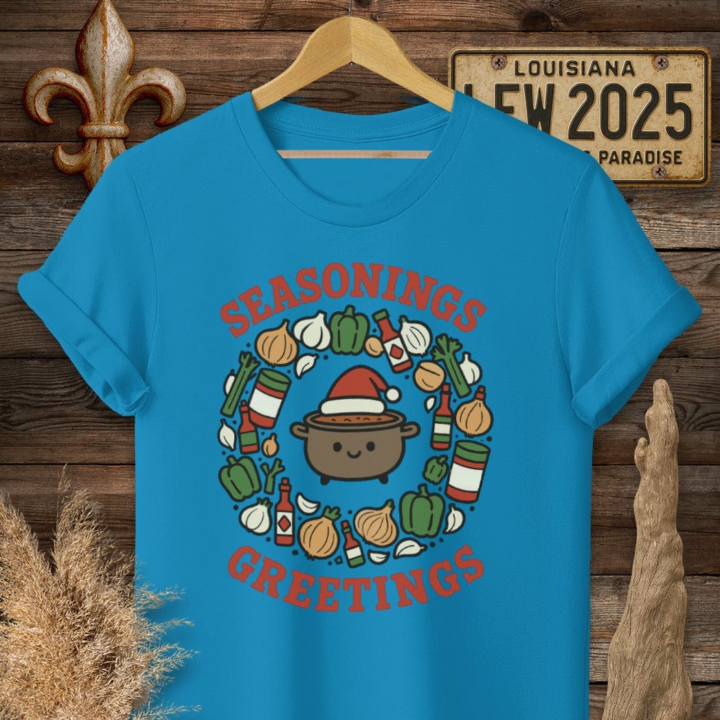 S / Sapphire Louisiana Seasonings Greeting Christmas T-Shirt by Laissez Faire Wear