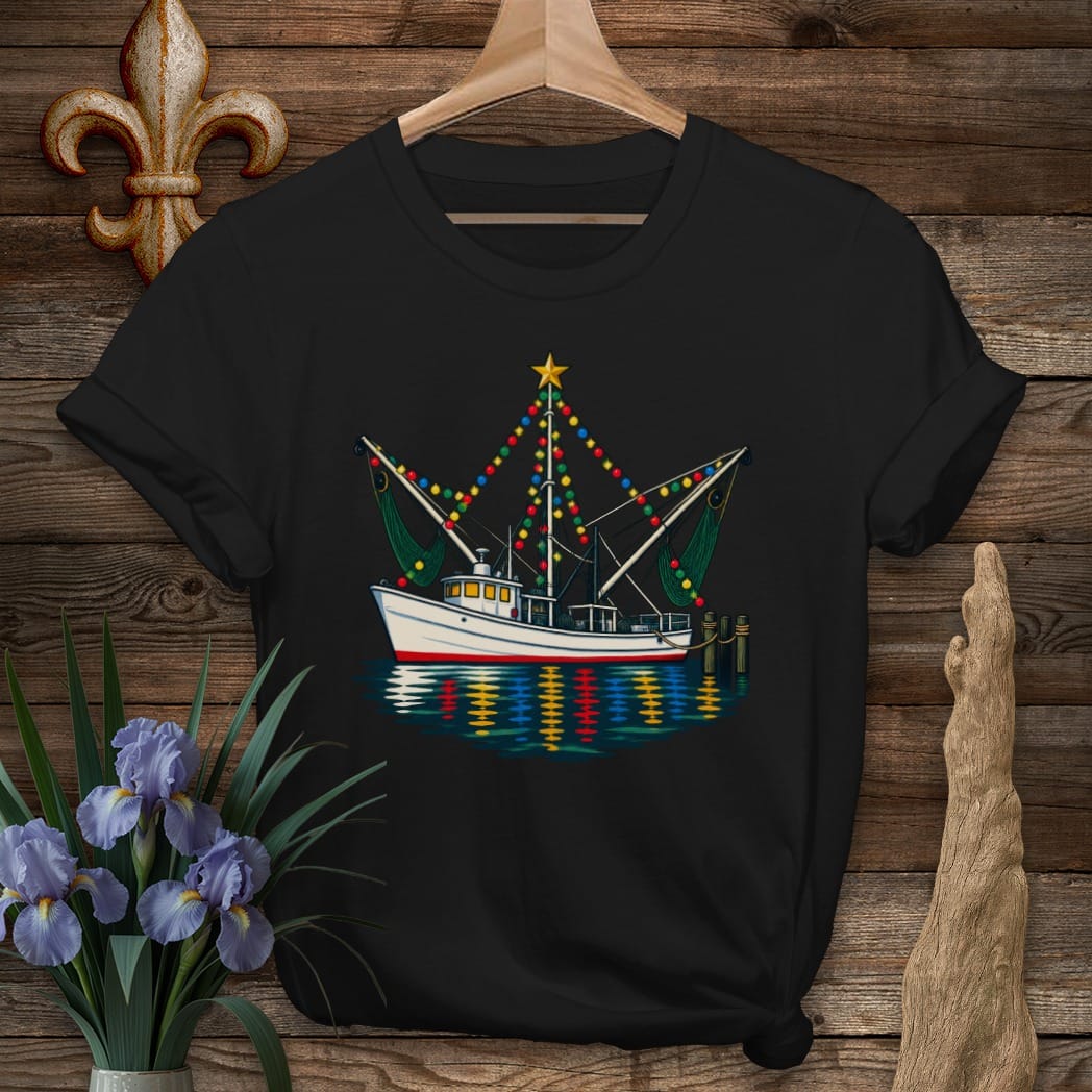 S / Black Louisiana Shrimp Boat in Lights T-Shirt by Laissez Faire Wear
