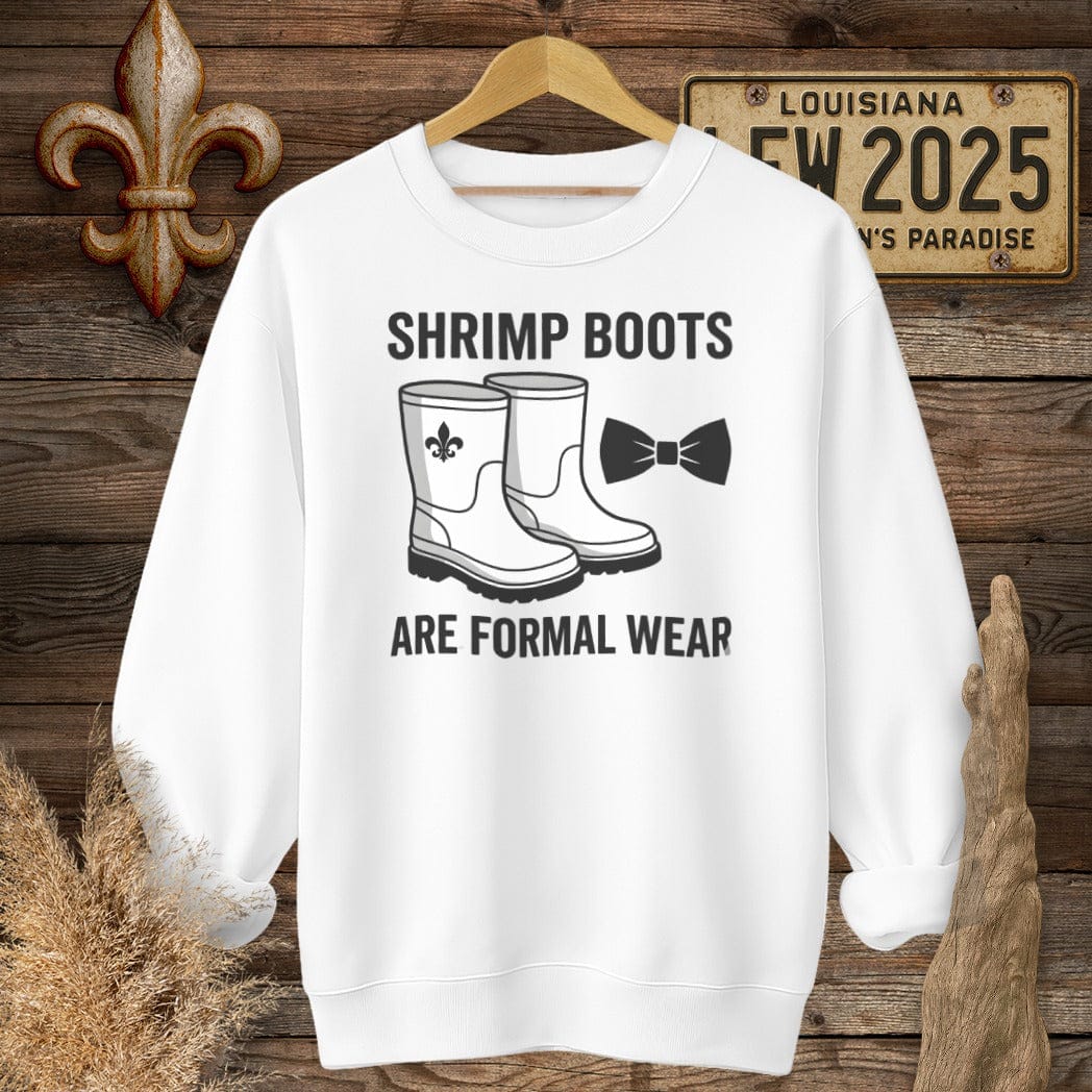 S / White Louisiana Shrimp Boots Sweatshirt by Laissez Faire Wear