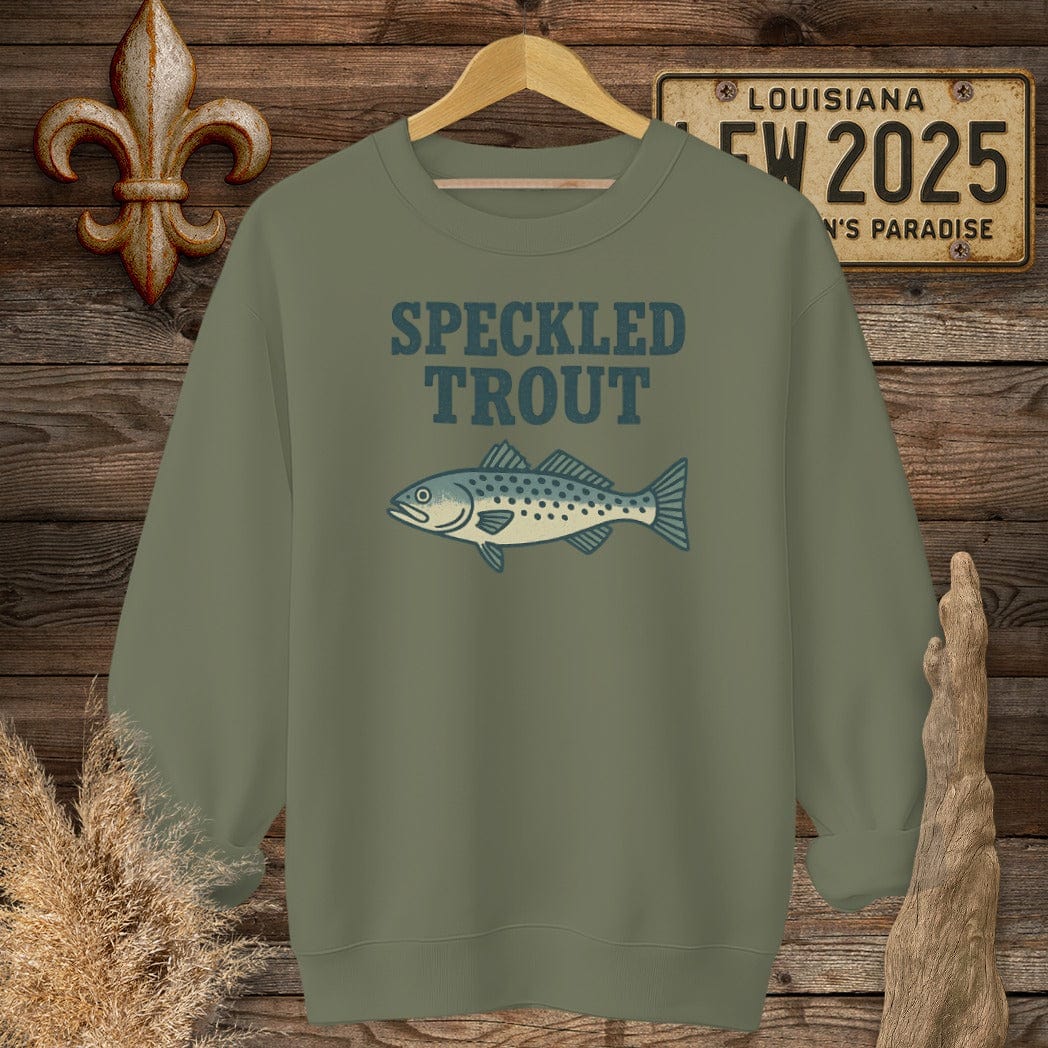 S / Military Green Louisiana Speckled Trout Minimalist Sweatshirt by Laissez Faire Wear