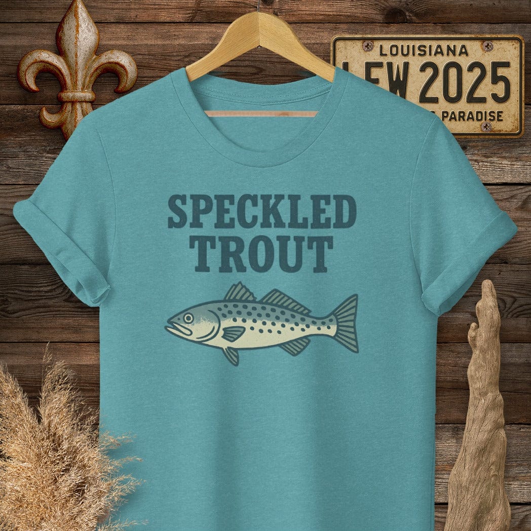 S / Heather Galapagos Blue Louisiana Speckled Trout Minimalist T-Shirt by Laissez Faire Wear