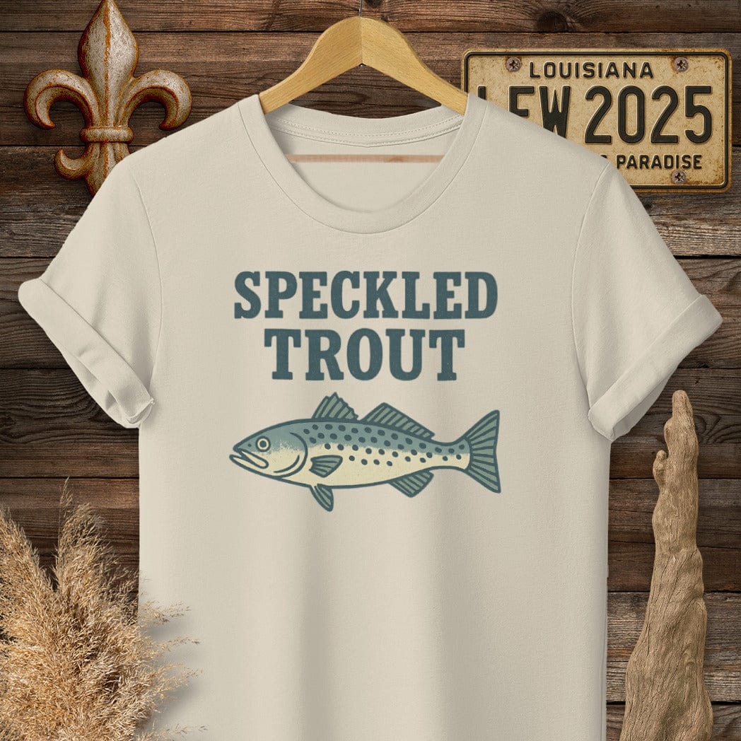 S / Sand Louisiana Speckled Trout Minimalist T-Shirt by Laissez Faire Wear