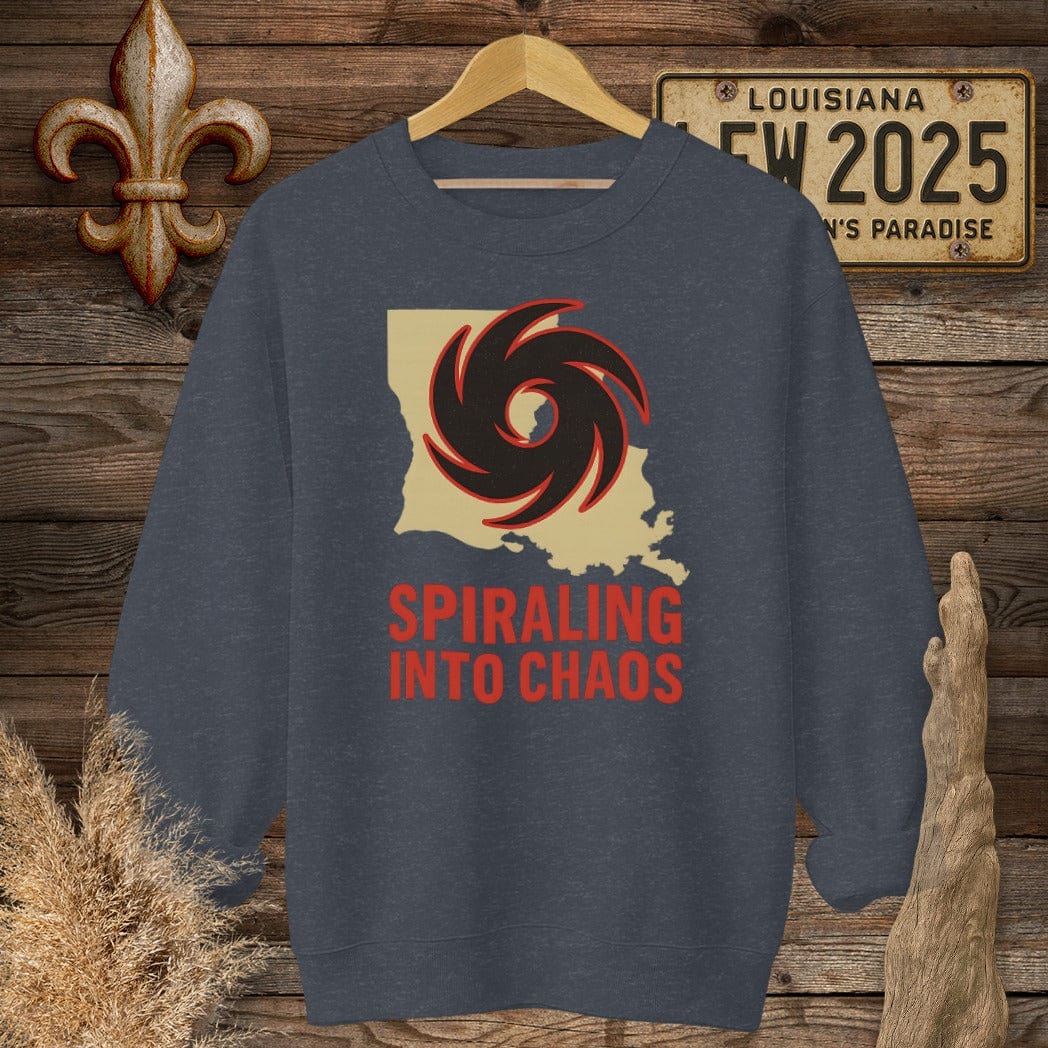 S / Heather Sport Dark Navy Louisiana Spiraling Into Chaos Sweatshirt by Laissez Faire Wear